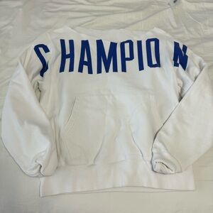 Champion Off The Shoulder White Sweatshirt with Blue Logo Size Small Womens